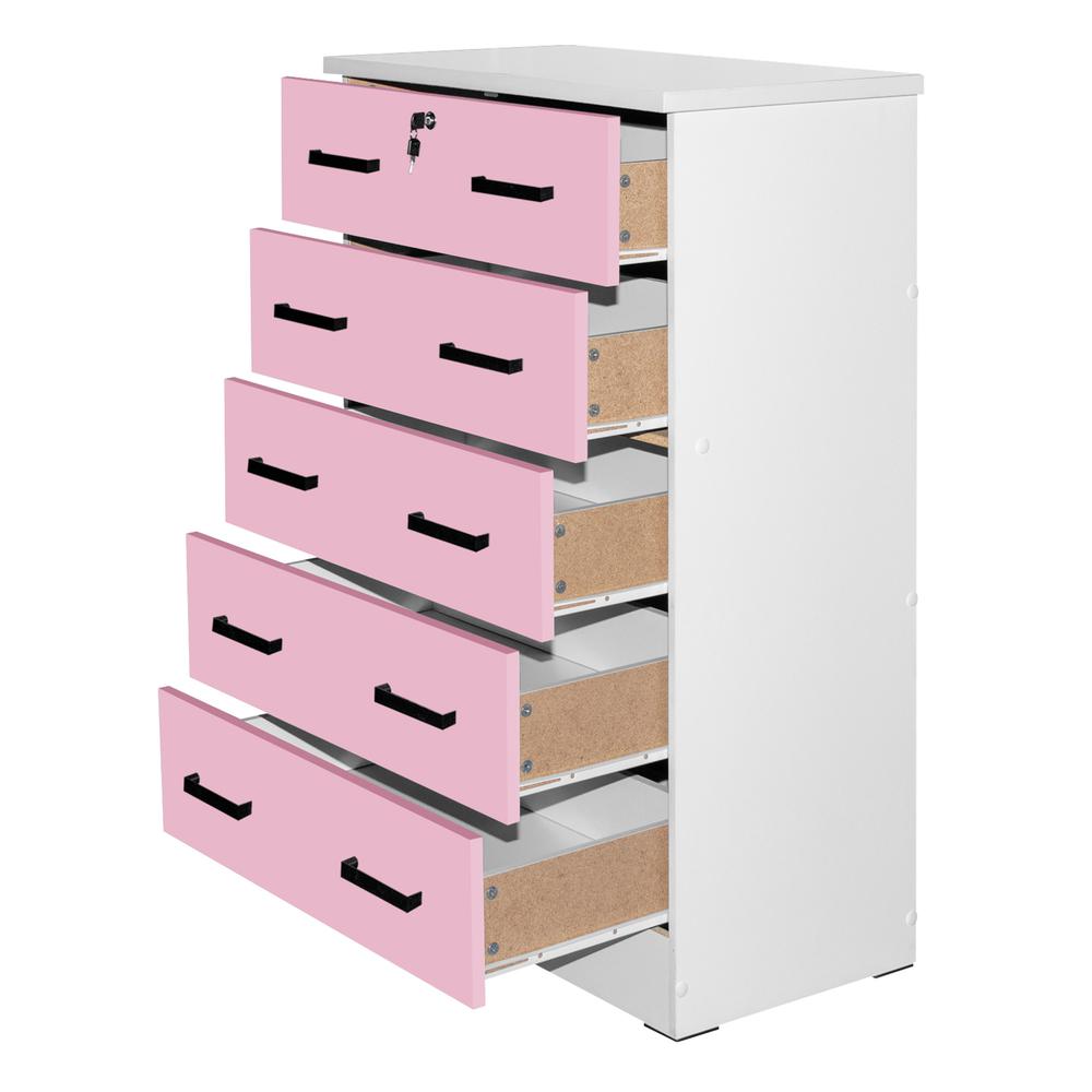 Better Home Products Cindy 5 Drawer Chest Wooden Dresser with Lock in Pink. Picture 2