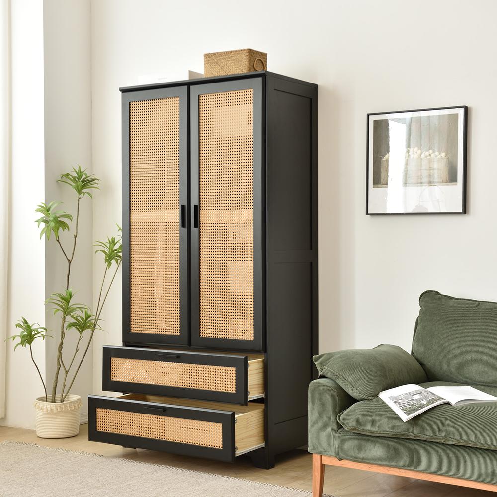 Stylish Pine Wood Closet with Rattan Doors and Two Drawers for Easy Access. Picture 19