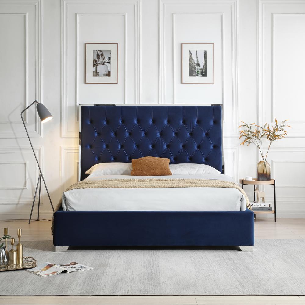 Better Home Products Sophia Velvet Queen Bed with Silver Metal Frame in Blue. Picture 5