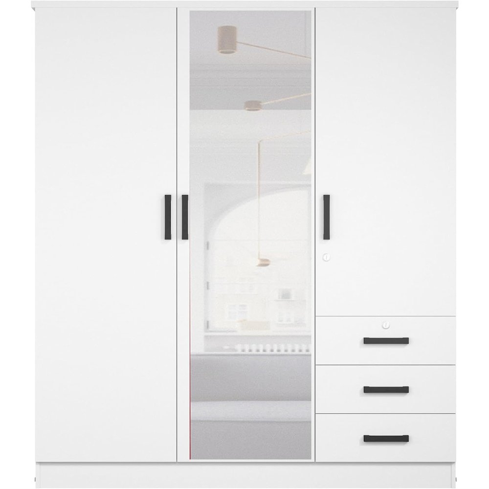 Violet Wardrobe Mirrored Door Closet 3 Doors and 3 Drawers (White). Picture 1