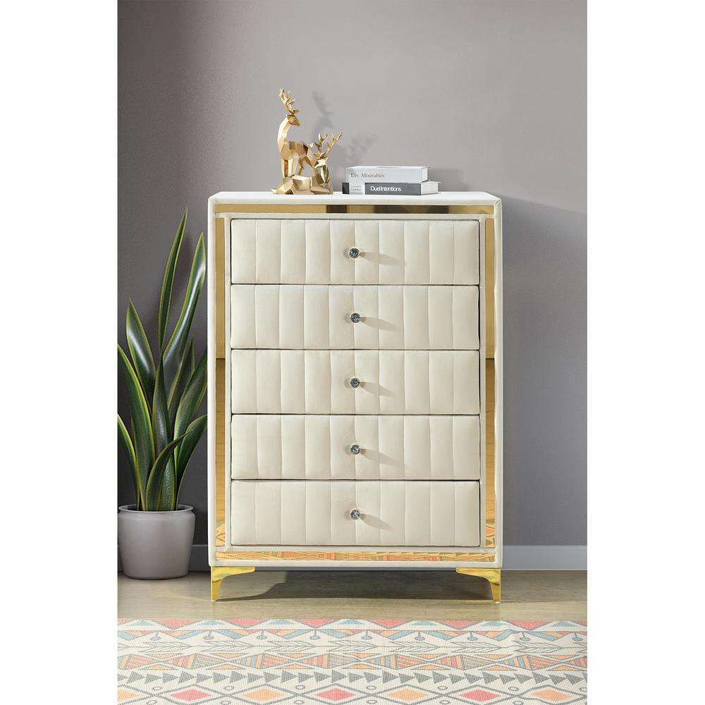 Upholstered 5-Drawer Chest Dresser with Gold Legs and Gold Trim. Picture 14
