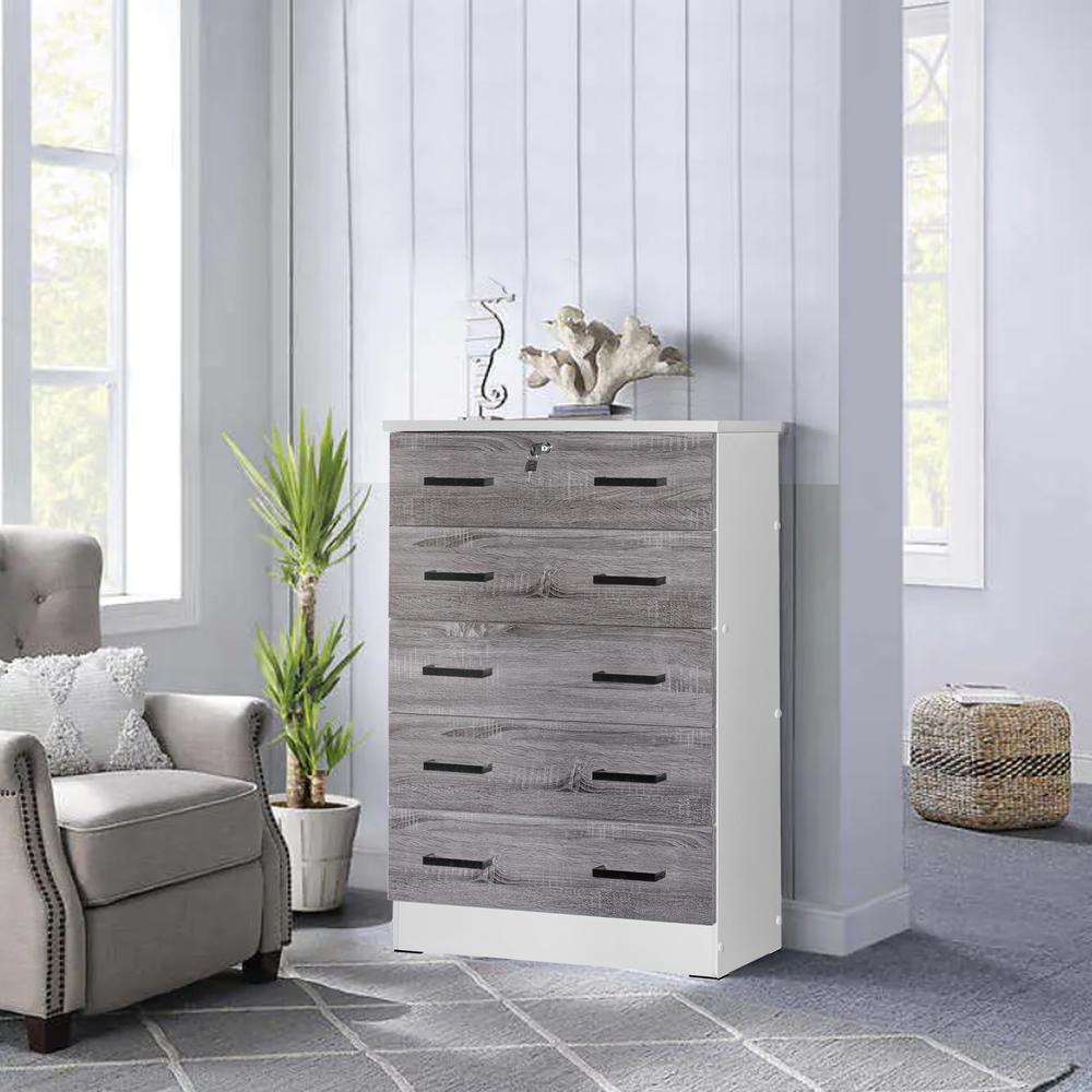 Better Home Products Cindy 5 Drawer Chest Wooden Dresser with Lock in White/Gray. Picture 9