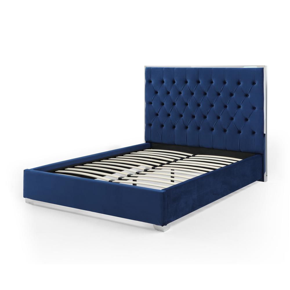 Better Home Products Sophia Velvet Queen Bed with Silver Metal Frame in Blue. Picture 1