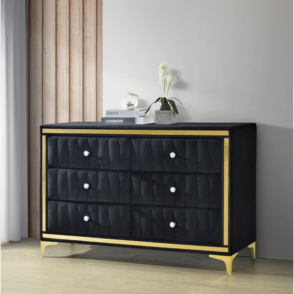 Velvet 6 Drawer Dresser with Gold Legs and Trim. Picture 9