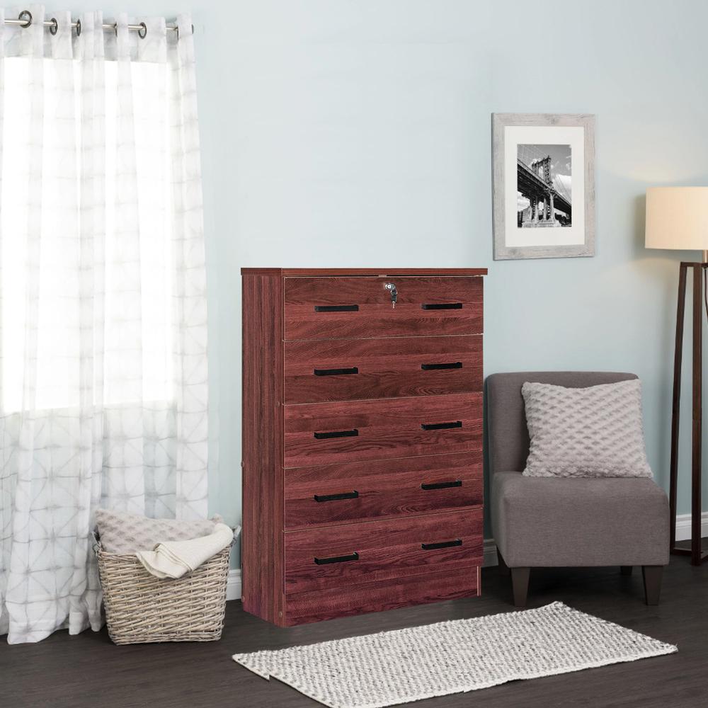 Better Home Products Cindy 5 Drawer Chest Wooden Dresser with Lock in Mahogany. Picture 13