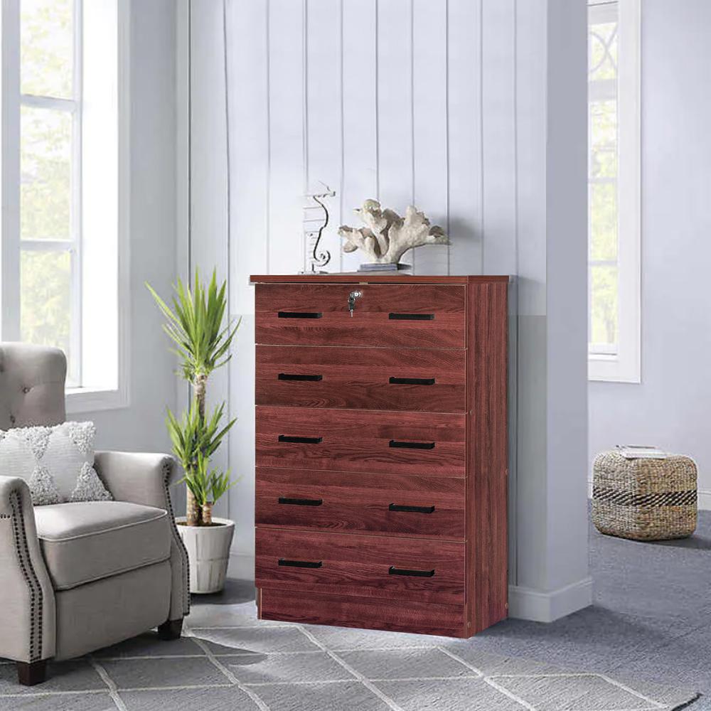 Better Home Products Cindy 5 Drawer Chest Wooden Dresser with Lock in Mahogany. Picture 11