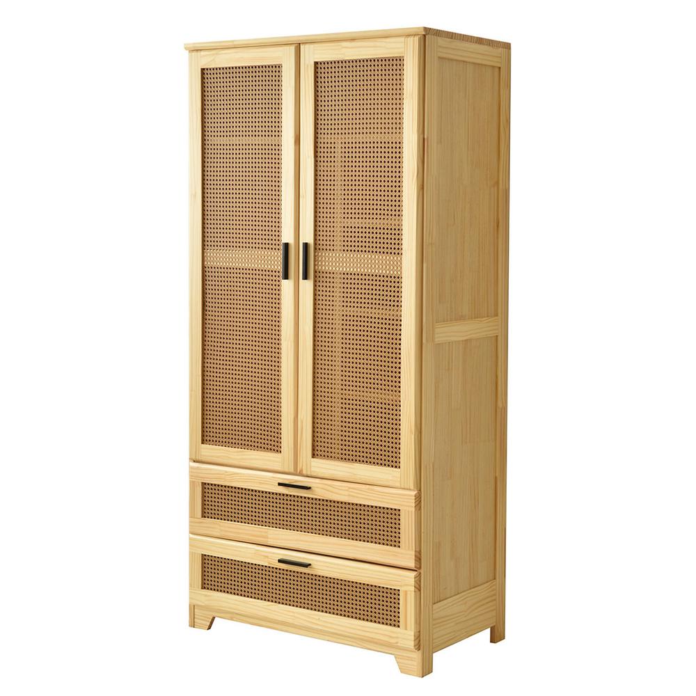 Stylish Pine Wood Closet with Rattan Doors and Two Drawers for Easy Access. Picture 3
