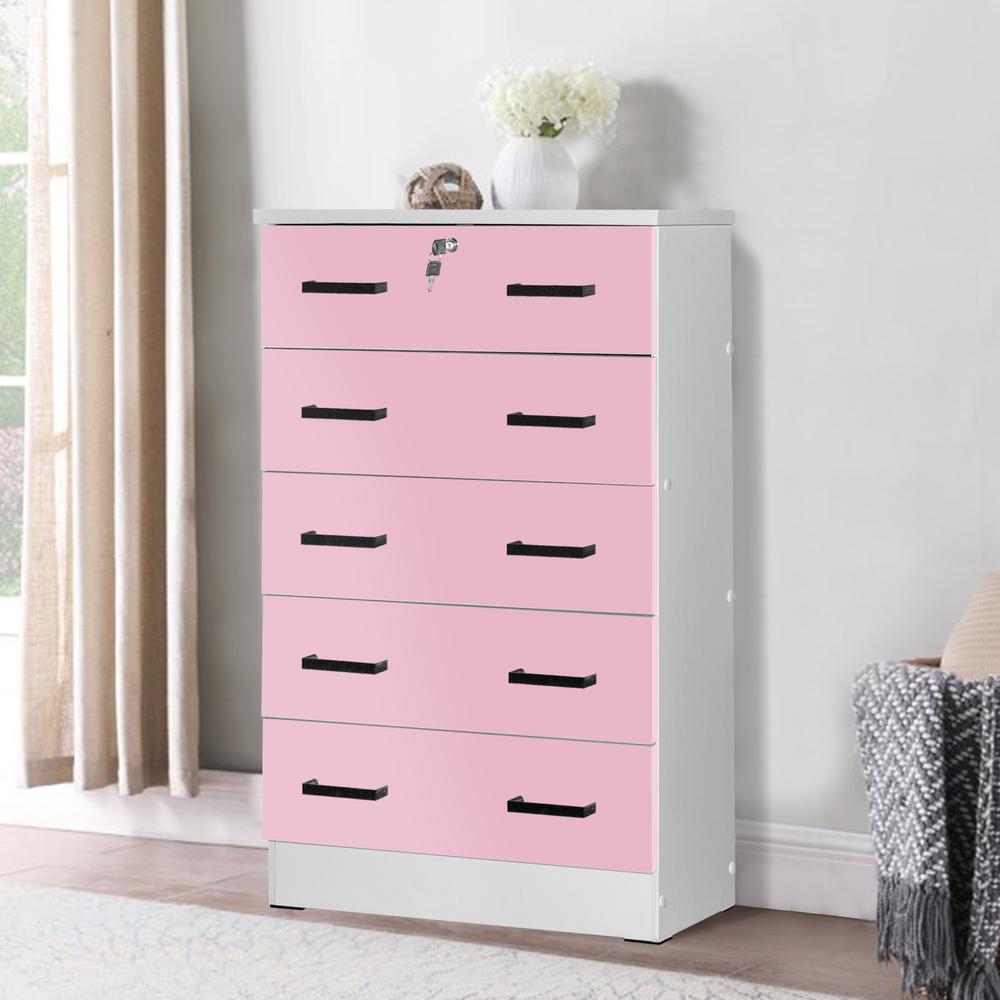 Better Home Products Cindy 5 Drawer Chest Wooden Dresser with Lock in Pink. Picture 6
