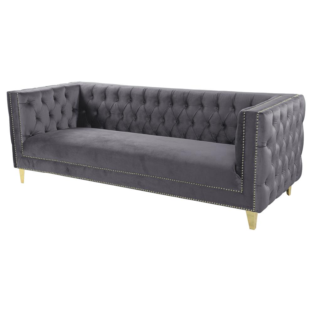 Luxe Velvet Sofa with Gold Legs, Gold Nail head Trim and Button-Tufted Design. Picture 5