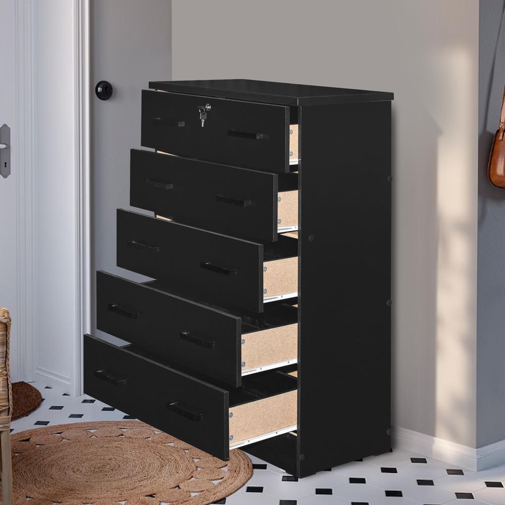 Better Home Products Cindy 5 Drawer Chest Wooden Dresser with Lock in Black. Picture 9
