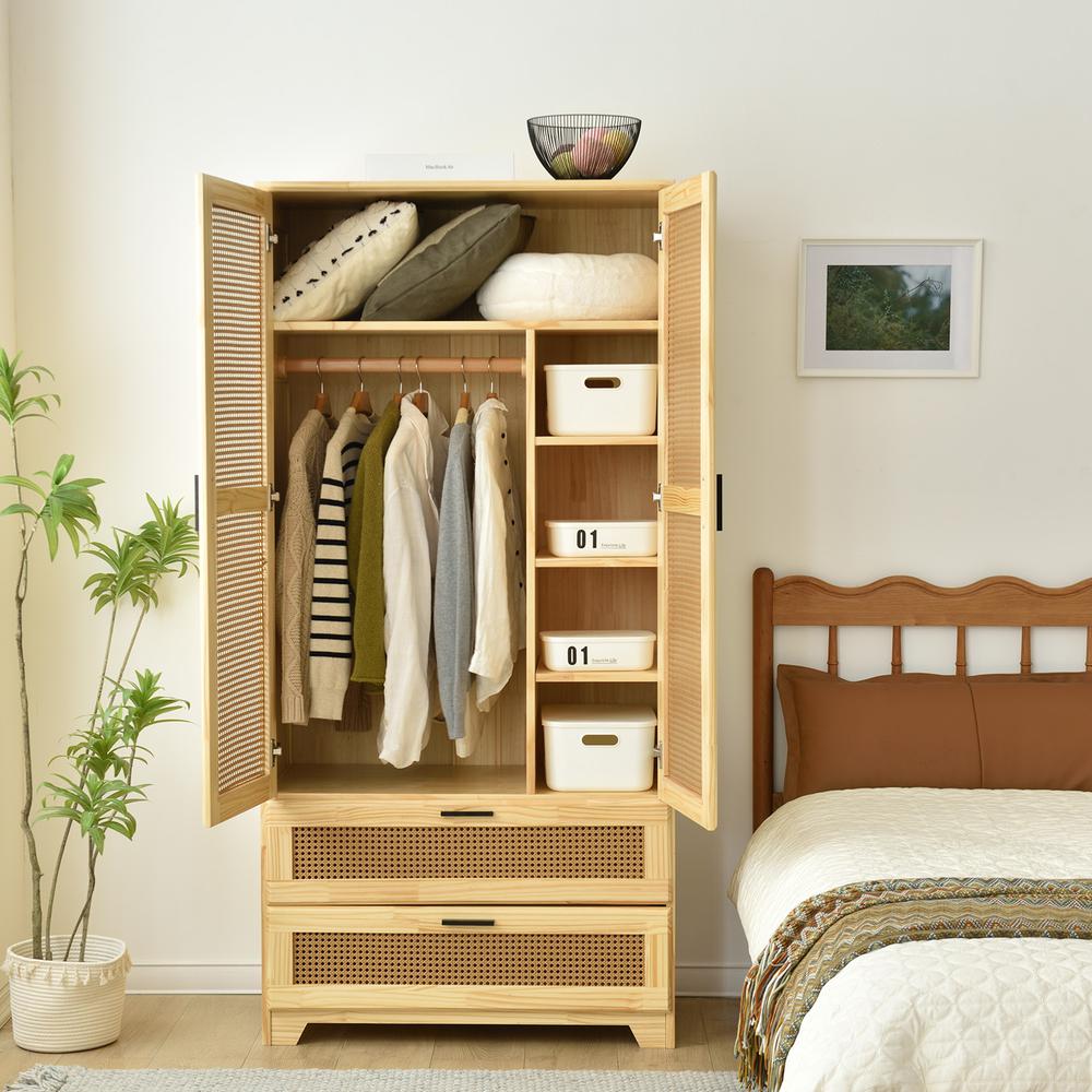 Stylish Pine Wood Closet with Rattan Doors and Two Drawers for Easy Access. Picture 22