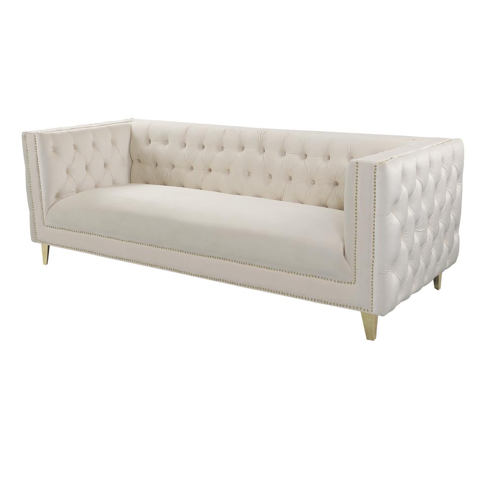 Luxe Velvet Sofa with Gold Legs, Gold Nail head Trim and Button-Tufted Design. Picture 8