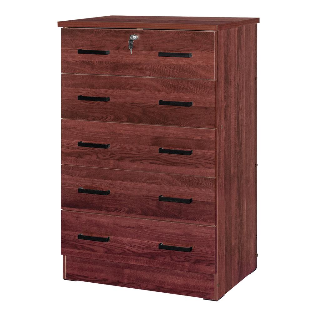 Better Home Products Cindy 5 Drawer Chest Wooden Dresser with Lock in Mahogany. Picture 3