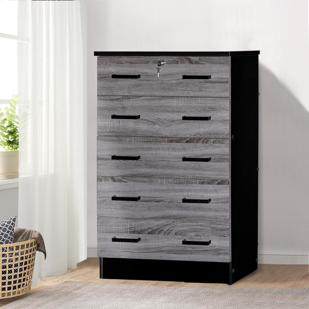 Better Home Products Cindy 5 Drawer Chest Wooden Dresser with Lock in Ebony. Picture 8