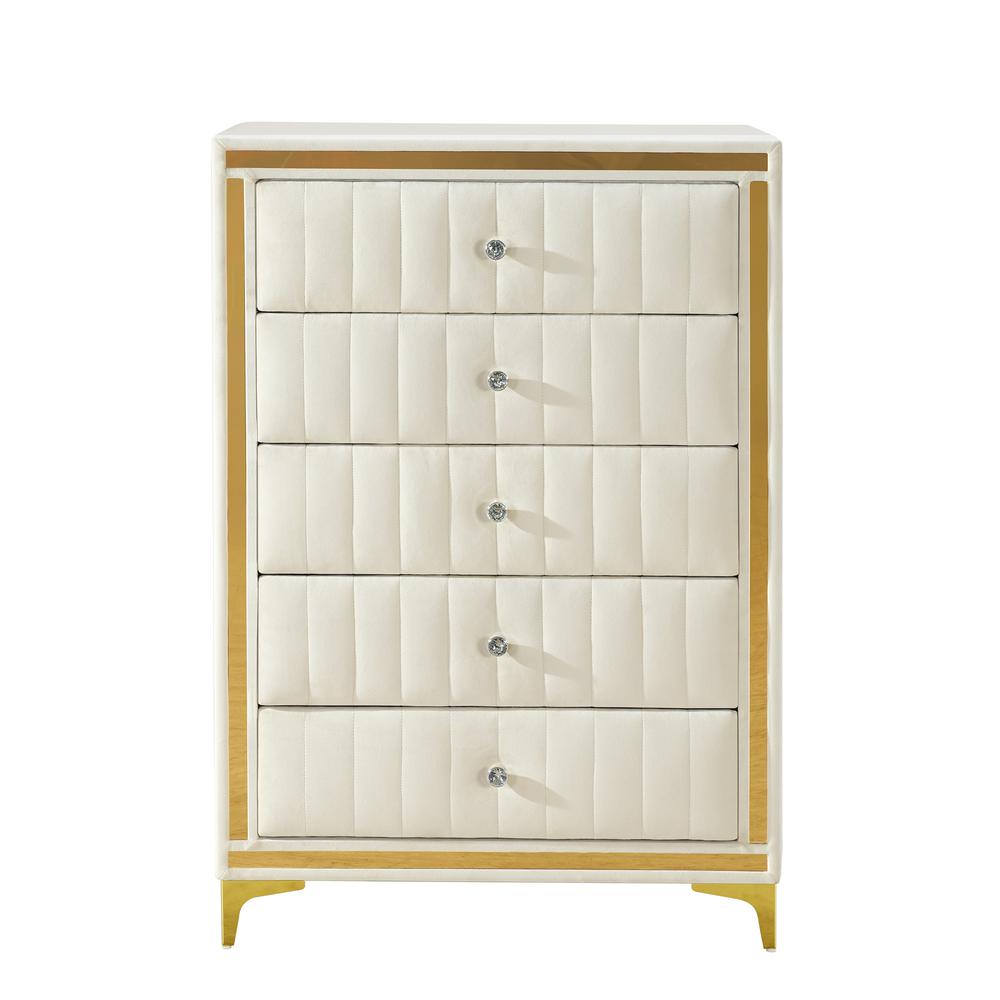 Upholstered 5-Drawer Chest Dresser with Gold Legs and Gold Trim. Picture 1