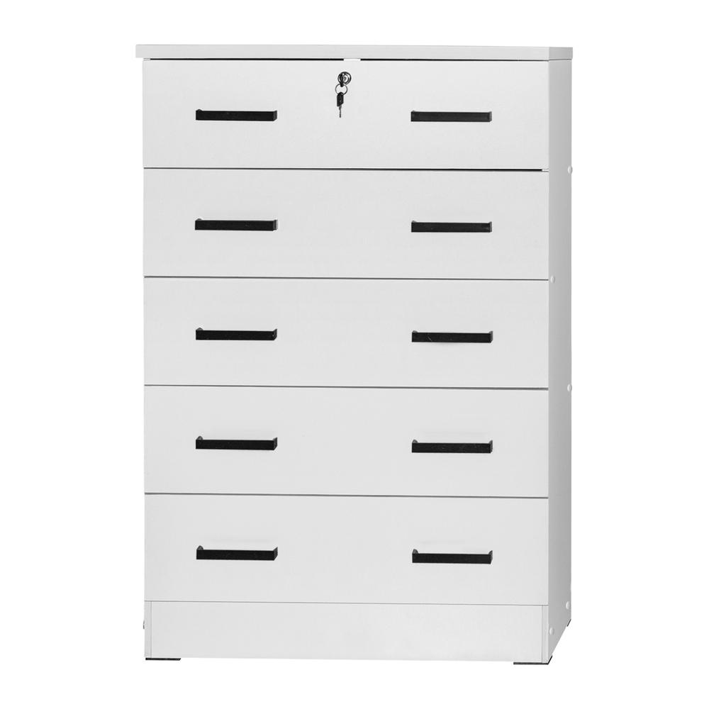 Better Home Products Cindy 5 Drawer Chest Wooden Dresser with Lock in White. Picture 3