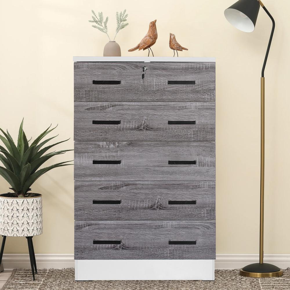 Better Home Products Cindy 5 Drawer Chest Wooden Dresser with Lock in White/Gray. Picture 4