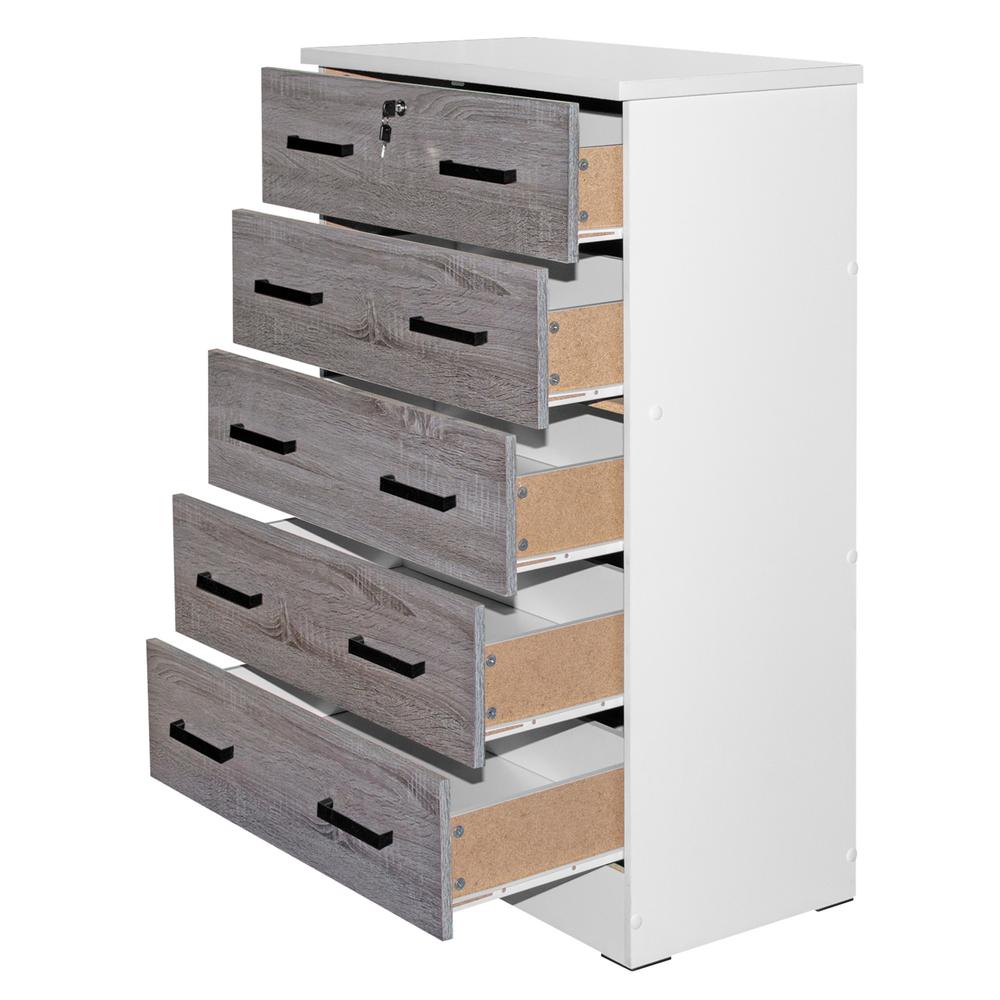 Better Home Products Cindy 5 Drawer Chest Wooden Dresser with Lock in White/Gray. Picture 1