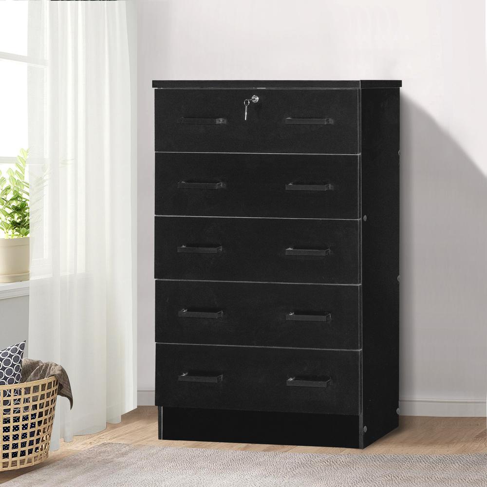 Better Home Products Cindy 5 Drawer Chest Wooden Dresser with Lock in Black. Picture 8