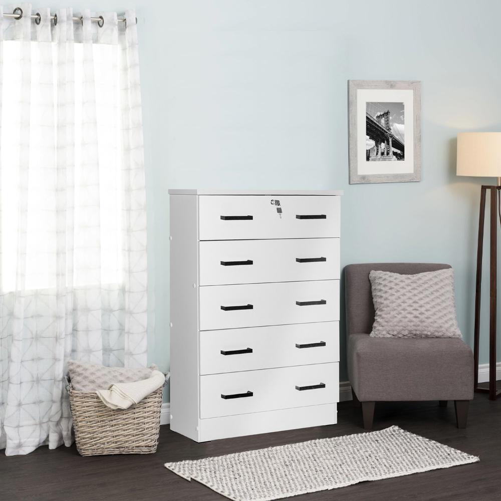Better Home Products Cindy 5 Drawer Chest Wooden Dresser with Lock in White. Picture 12