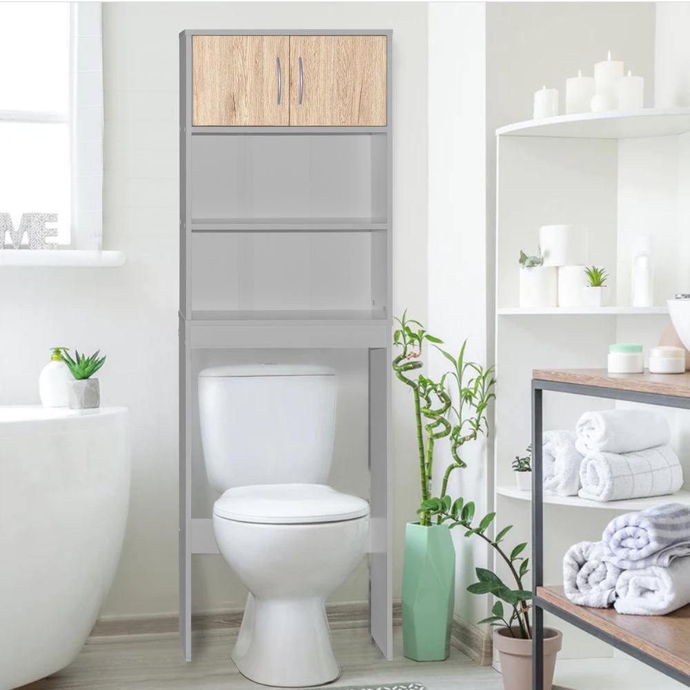 Better Home Products Ace Over-the-Toilet Storage Rack in Light Gray & Natural Oak. Picture 11