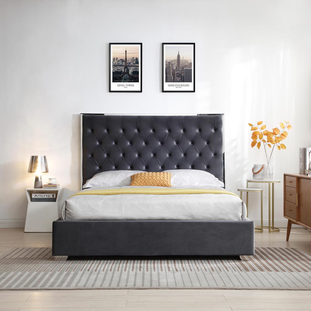 Better Home Products Sophia Velvet Queen Bed with Silver Metal Frame in Gray. Picture 4