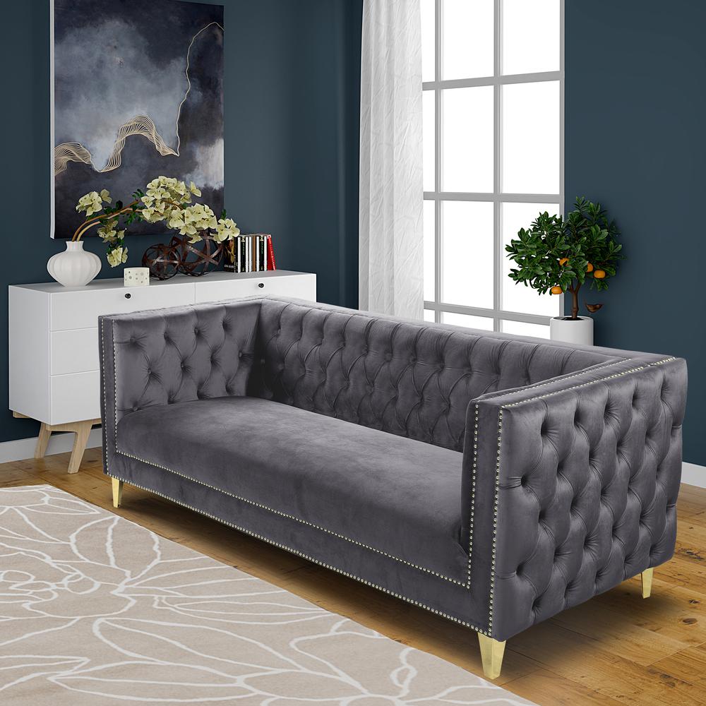 Luxe Velvet Sofa with Gold Legs, Gold Nail head Trim and Button-Tufted Design. Picture 22