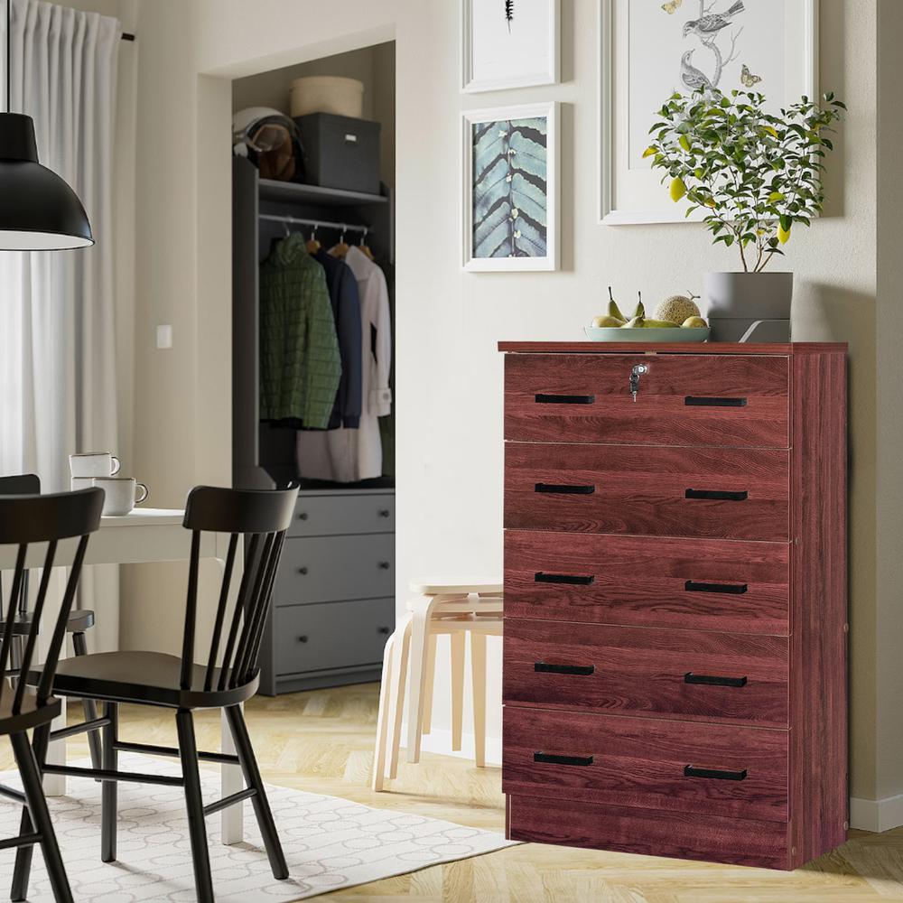 Better Home Products Cindy 5 Drawer Chest Wooden Dresser with Lock in Mahogany. Picture 12