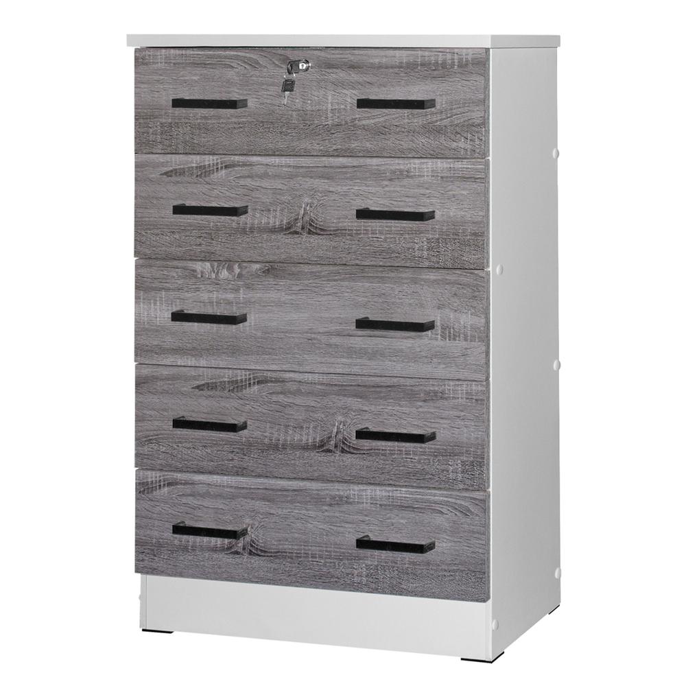 Better Home Products Cindy 5 Drawer Chest Wooden Dresser with Lock in White/Gray. Picture 2