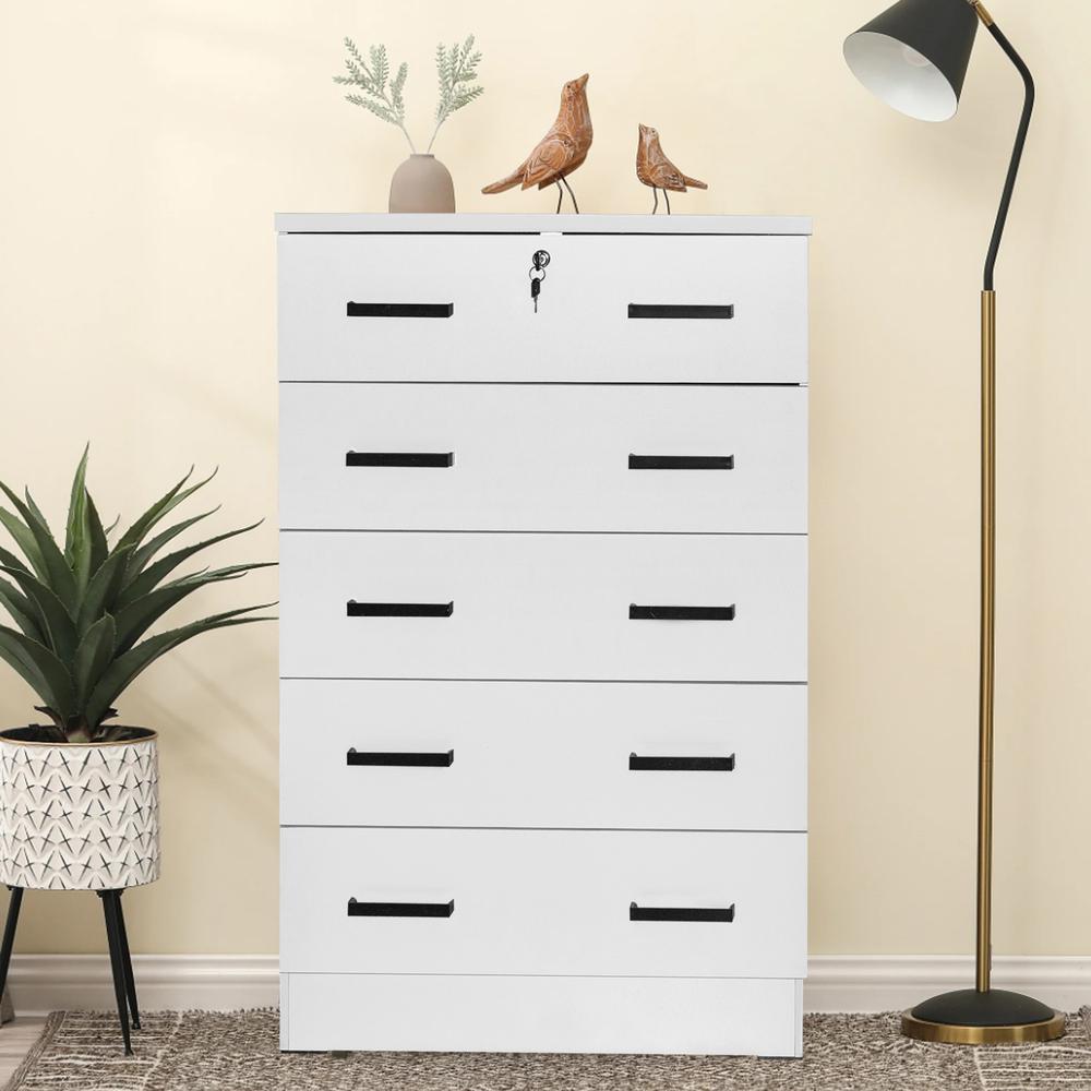 Better Home Products Cindy 5 Drawer Chest Wooden Dresser with Lock in White. Picture 5