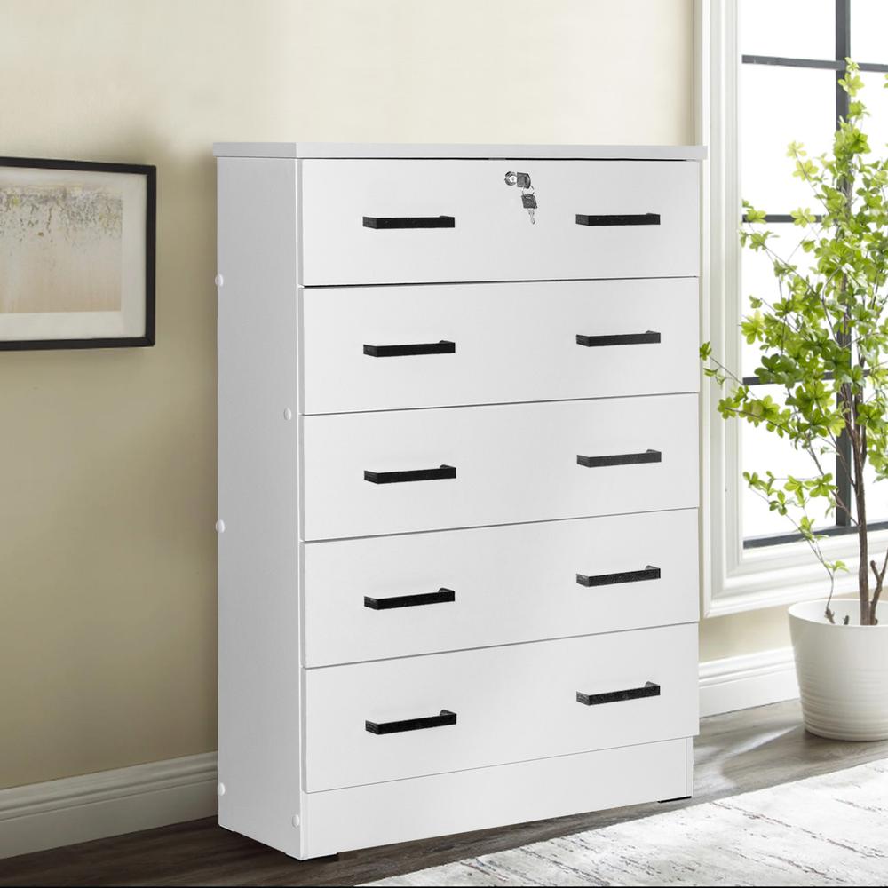 Better Home Products Cindy 5 Drawer Chest Wooden Dresser with Lock in White. Picture 7