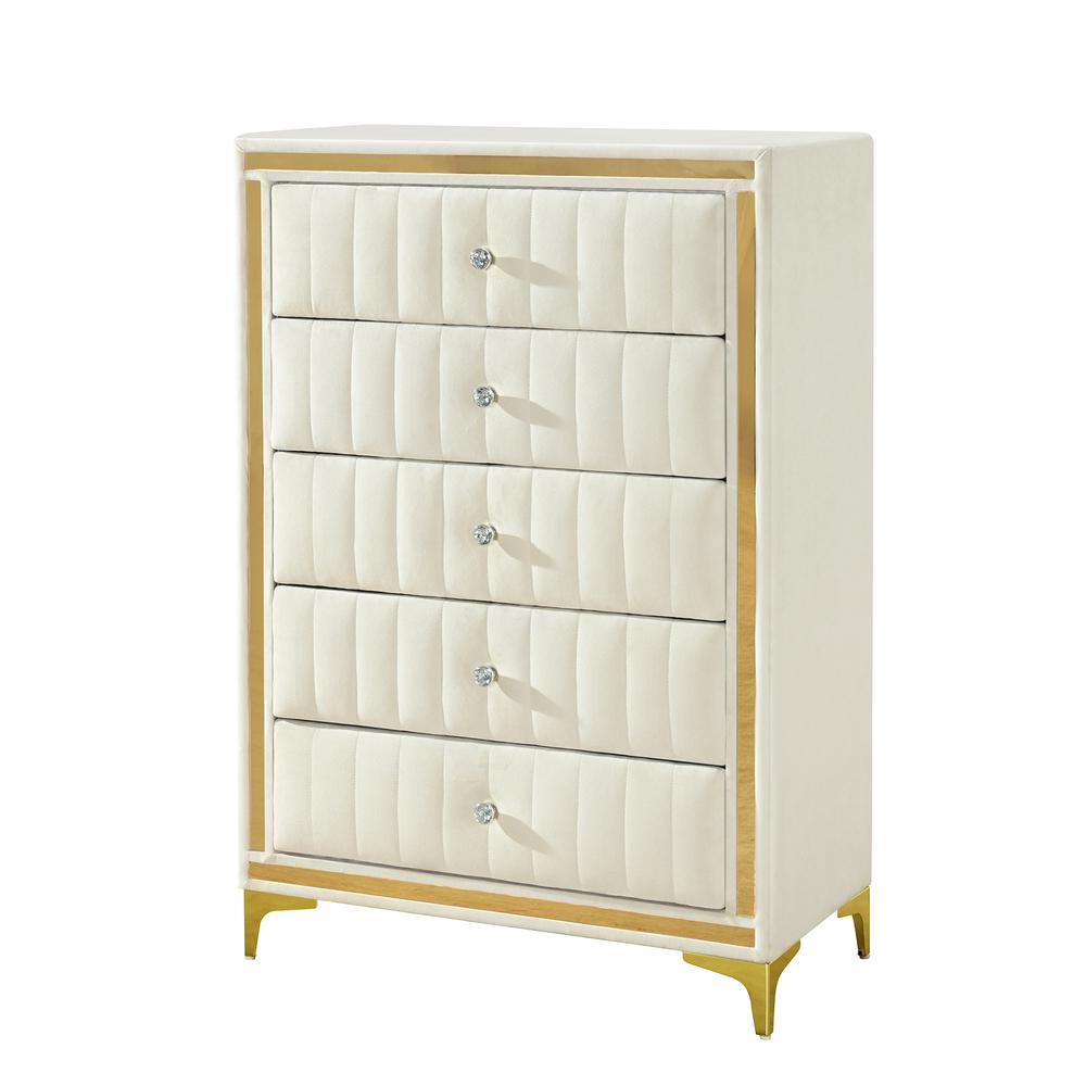 Upholstered 5-Drawer Chest Dresser with Gold Legs and Gold Trim. Picture 4
