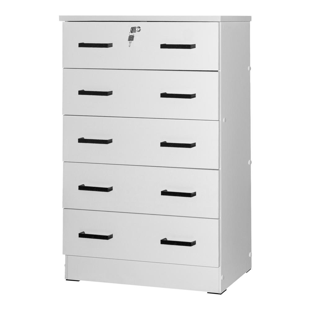 Better Home Products Cindy 5 Drawer Chest Wooden Dresser with Lock in White. Picture 1