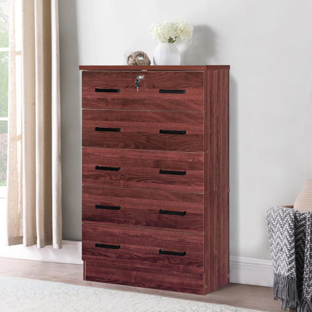 Better Home Products Cindy 5 Drawer Chest Wooden Dresser with Lock in Mahogany. Picture 8