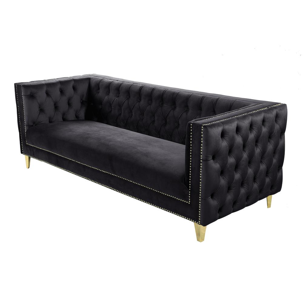 Luxe Velvet Sofa with Gold Legs, Gold Nail head Trim and Button-Tufted Design. Picture 4