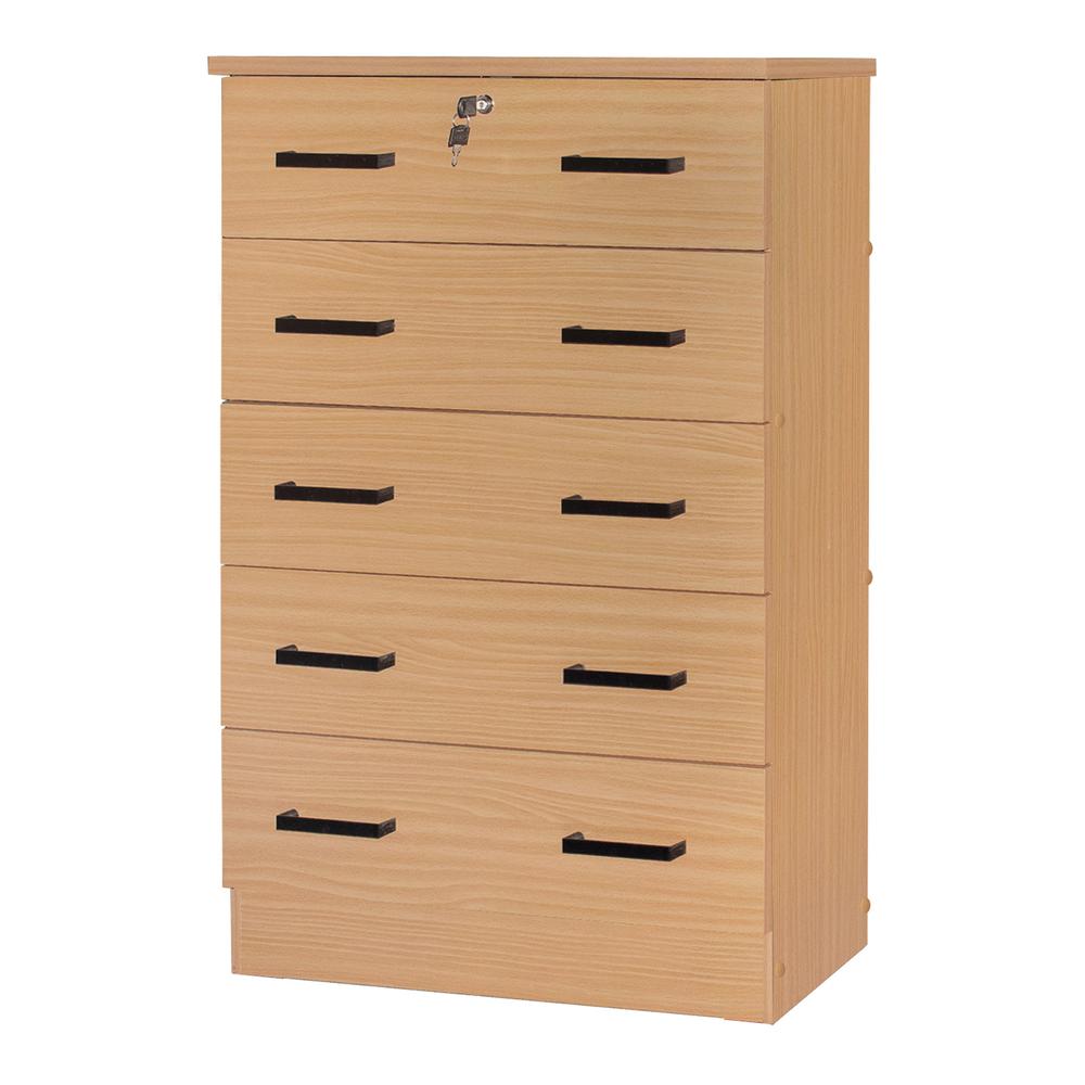 Better Home Products Cindy 5 Drawer Chest Wooden Dresser with Lock Beech (Maple). Picture 1