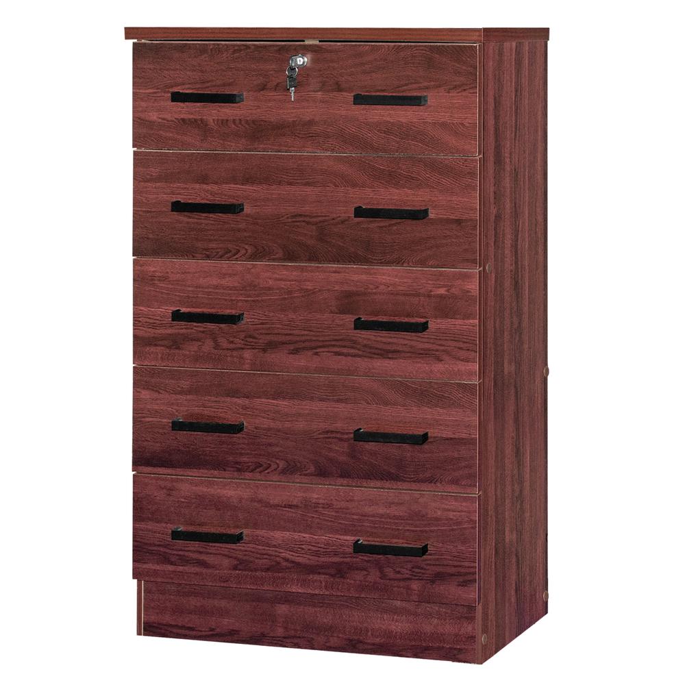 Better Home Products Cindy 5 Drawer Chest Wooden Dresser with Lock in Mahogany. Picture 6