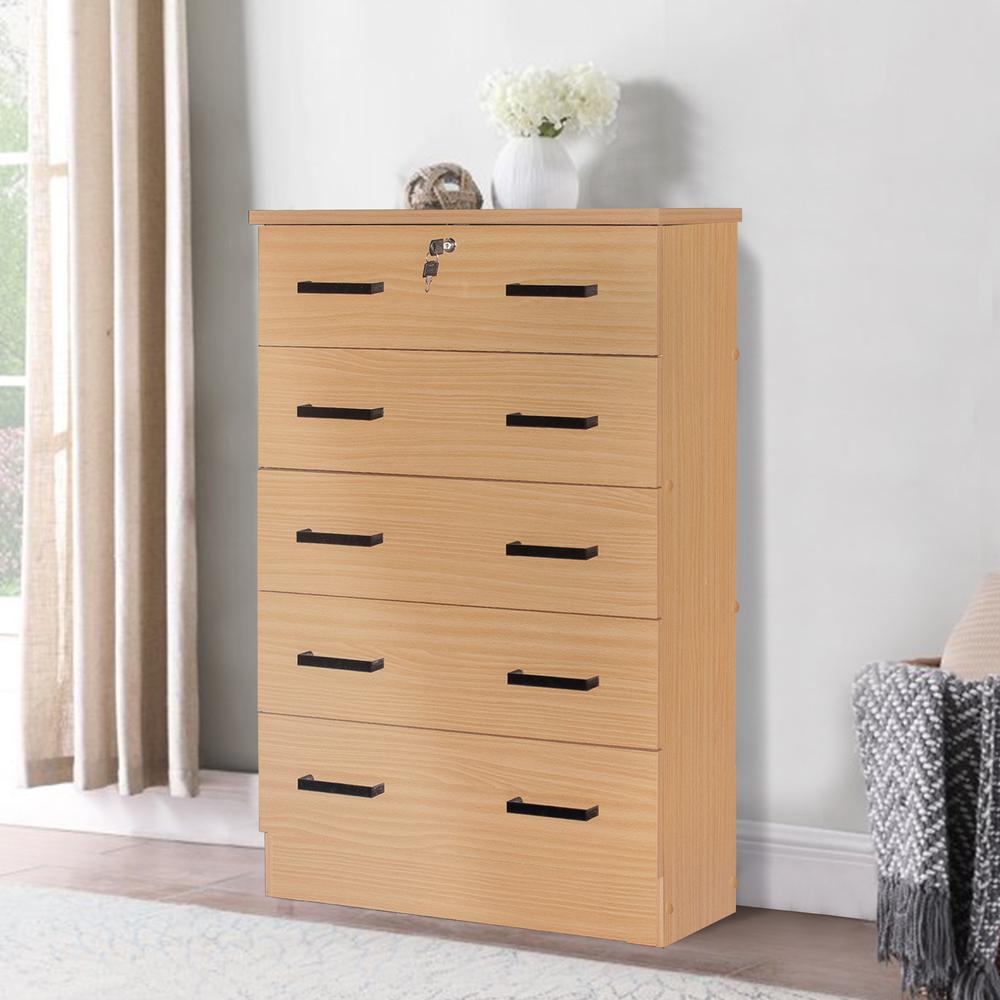 Better Home Products Cindy 5 Drawer Chest Wooden Dresser with Lock Beech (Maple). Picture 7