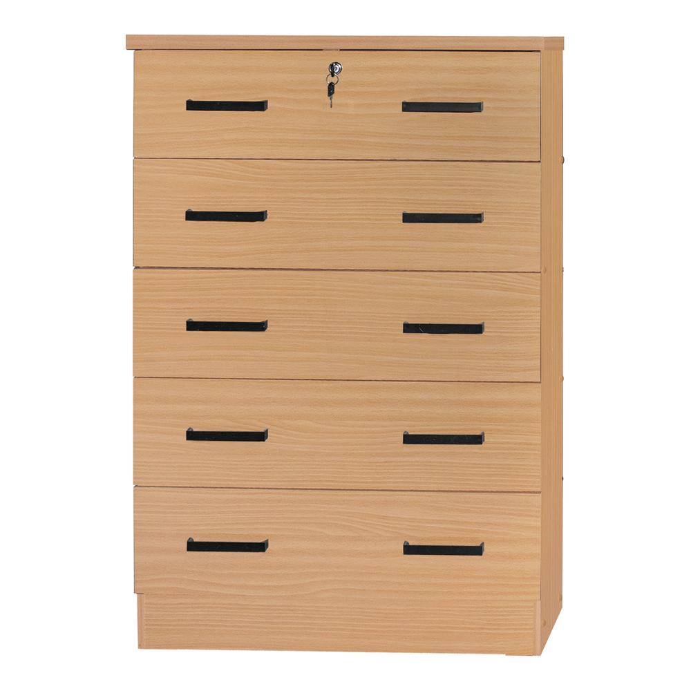 Better Home Products Cindy 5 Drawer Chest Wooden Dresser with Lock Beech (Maple). Picture 3