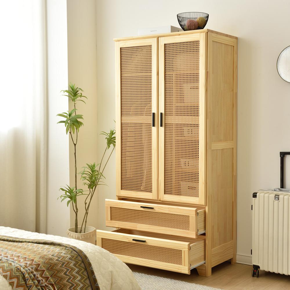 Stylish Pine Wood Closet with Rattan Doors and Two Drawers for Easy Access. Picture 18