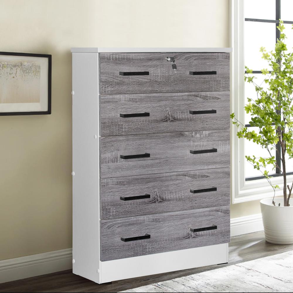 Better Home Products Cindy 5 Drawer Chest Wooden Dresser with Lock in White/Gray. Picture 5