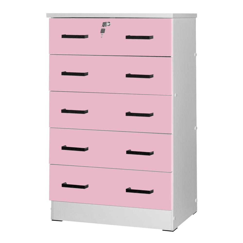 Better Home Products Cindy 5 Drawer Chest Wooden Dresser with Lock in Pink. Picture 1