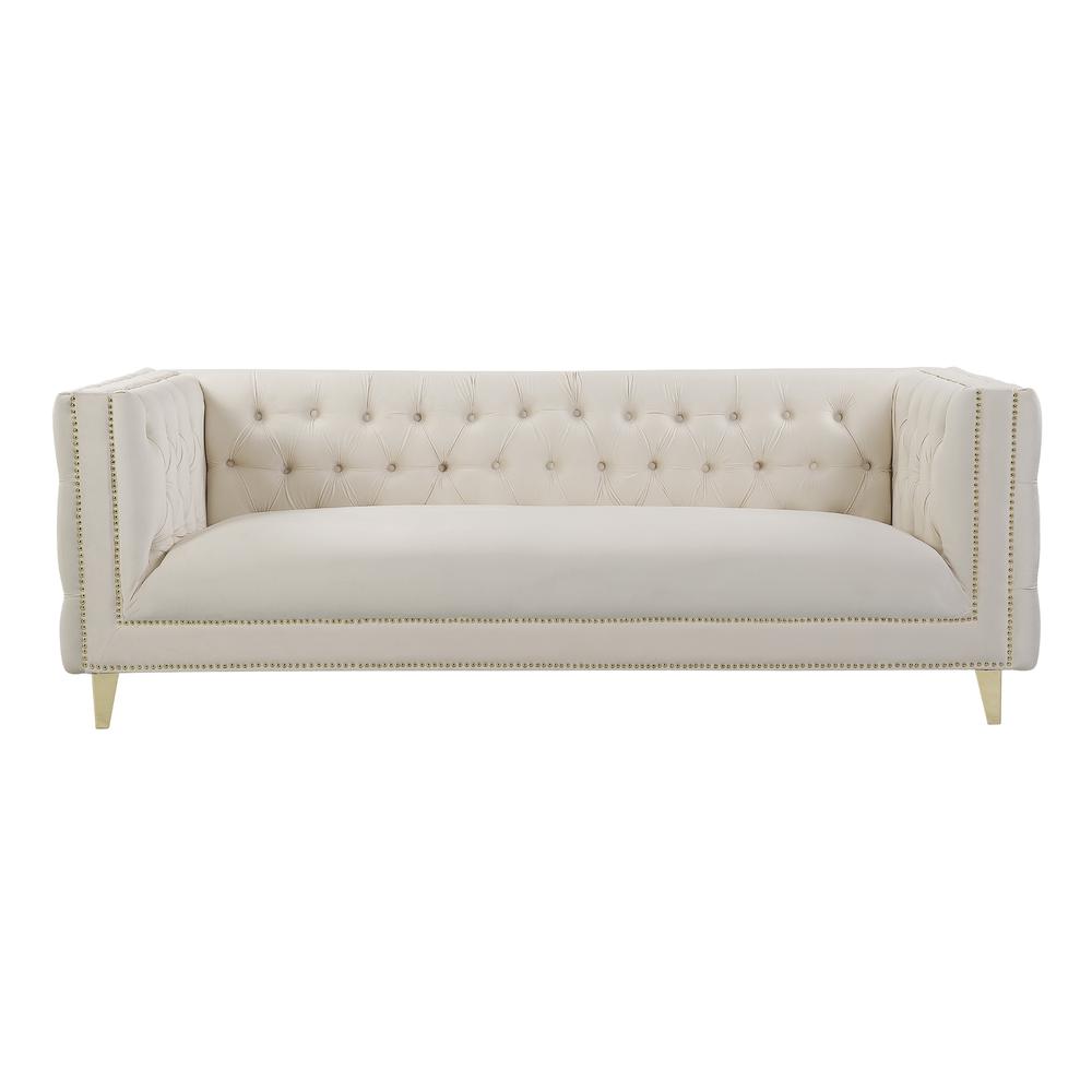 Luxe Velvet Sofa with Gold Legs, Gold Nail head Trim and Button-Tufted Design. Picture 2