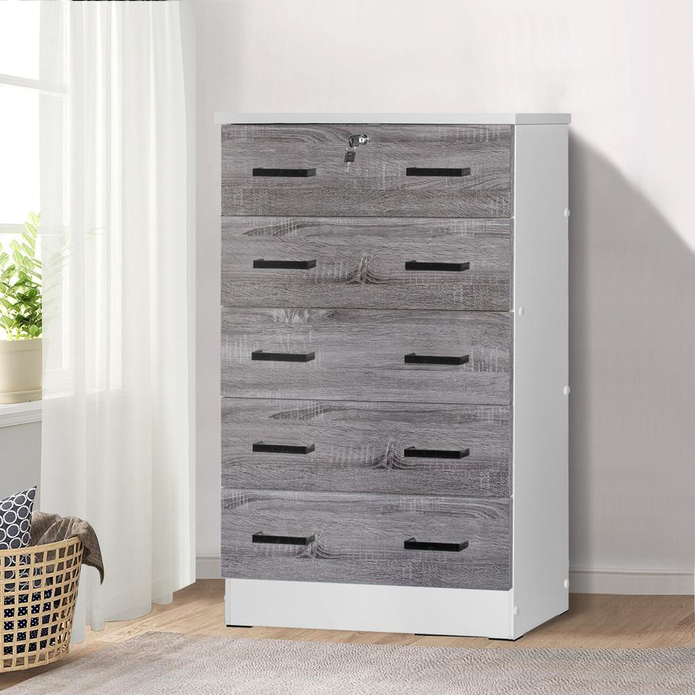 Better Home Products Cindy 5 Drawer Chest Wooden Dresser with Lock in White/Gray. Picture 6