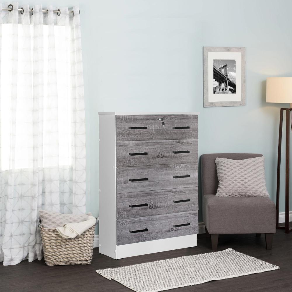 Better Home Products Cindy 5 Drawer Chest Wooden Dresser with Lock in White/Gray. Picture 13
