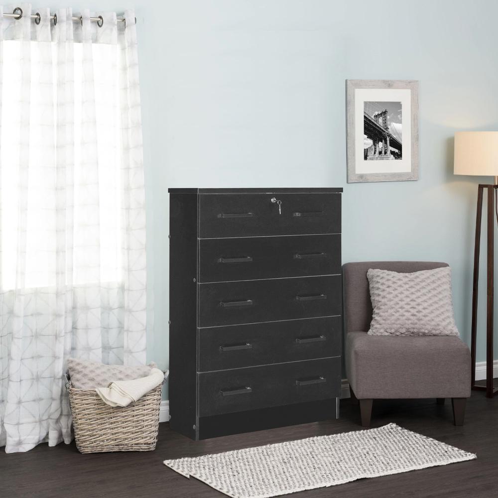 Better Home Products Cindy 5 Drawer Chest Wooden Dresser with Lock in Black. Picture 13