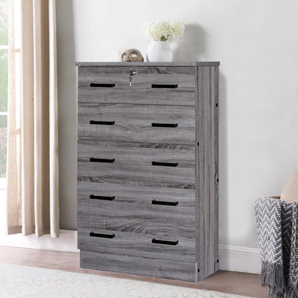 Better Home Products Cindy 5 Drawer Chest Wooden Dresser with Lock in Gray. Picture 3