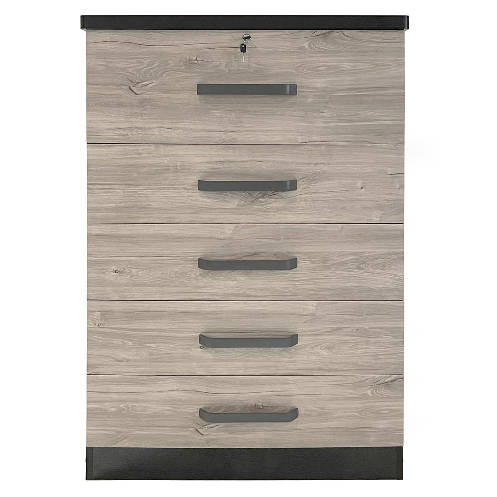 Better Home Products Xia 5 Drawer Chest of Drawers in Black Silver & Gray Oak. Picture 1