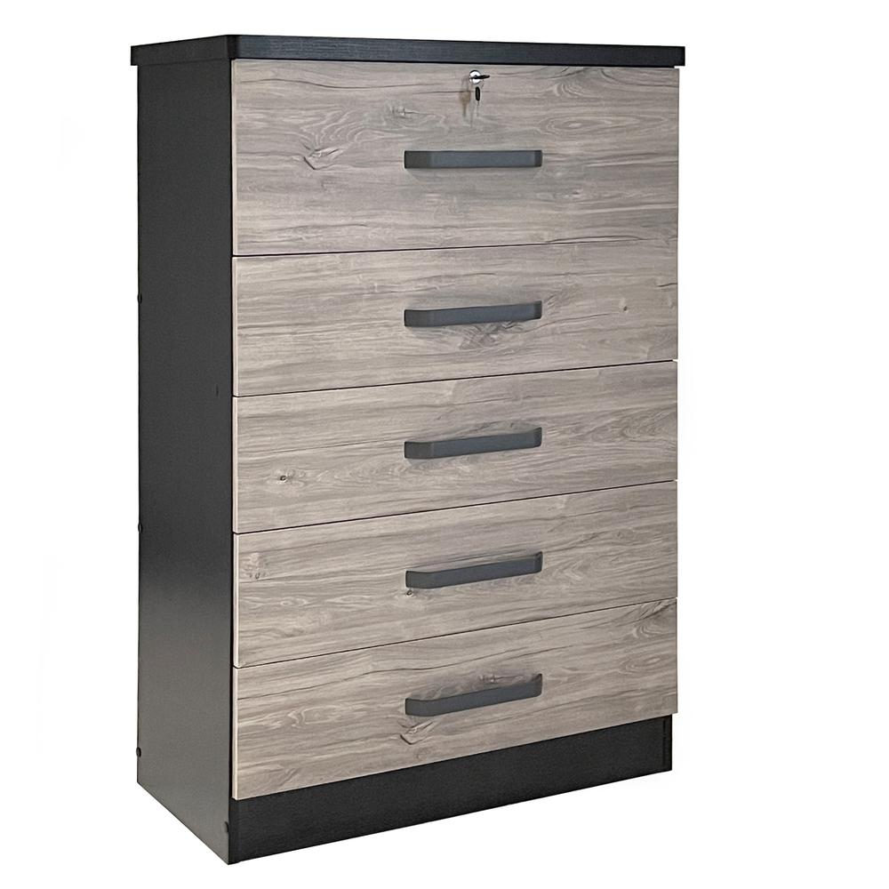 Better Home Products Xia 5 Drawer Chest of Drawers in Black Silver & Gray Oak. Picture 2