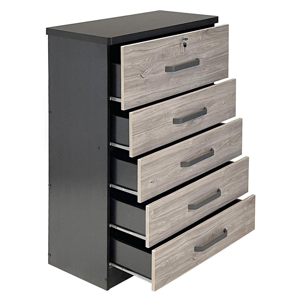 Better Home Products Xia 5 Drawer Chest of Drawers in Black Silver & Gray Oak. Picture 3